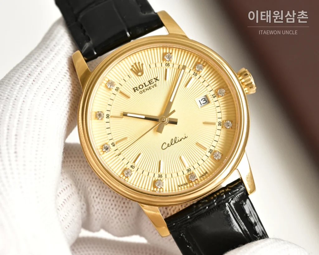 롤렉스 오토매틱 40mm 화이트 다이얼 블랙 가죽 스트랩 골드 베젤 (2)