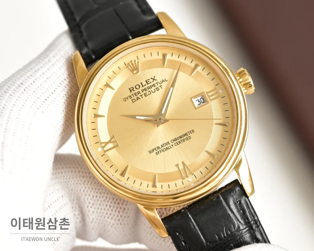 롤렉스 오토매틱 40mm 실버 다이얼 블랙 가죽 스트랩 골드 베젤 (2)