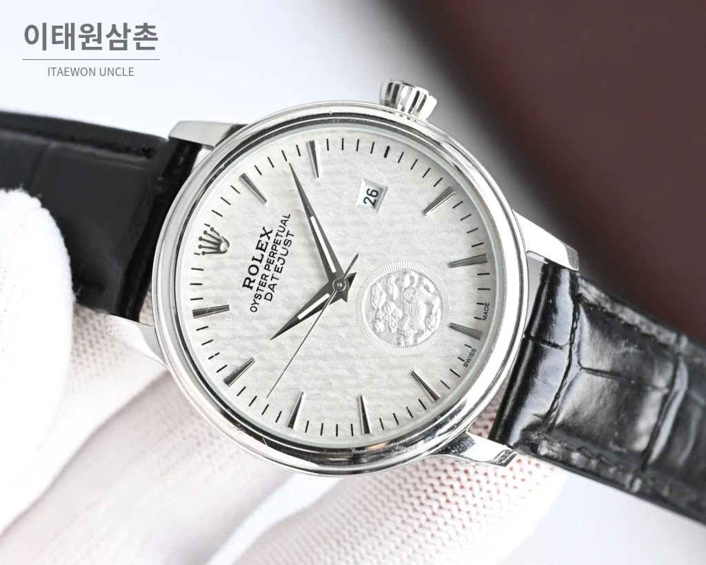 롤렉스 오토매틱 40mm 실버 다이얼 블랙 가죽 스트랩 (3)