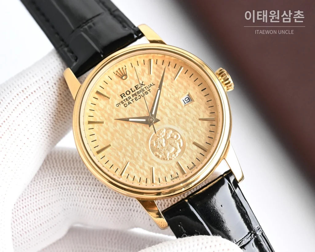 롤렉스 오토매틱 40mm 화이트 다이얼 블랙 가죽 스트랩 골드 베젤 (3)