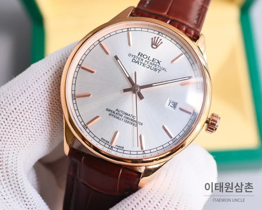 롤렉스 오토매틱 40mm 실버 다이얼 블랙 가죽 스트랩 (4)