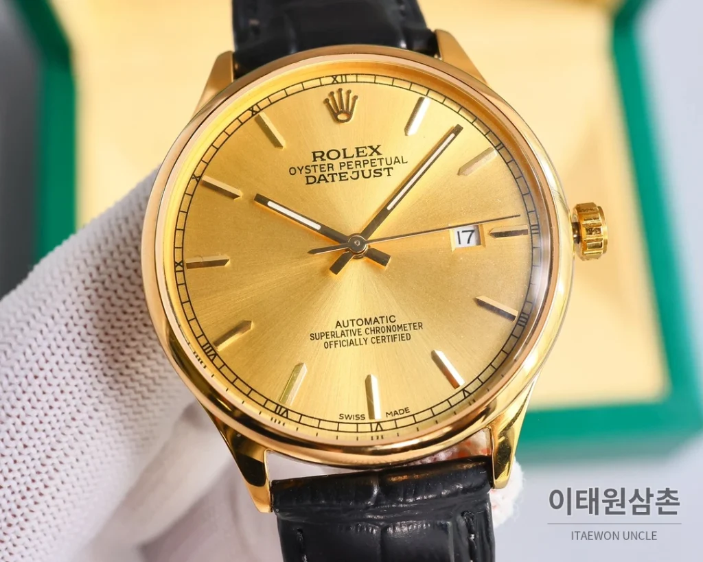 롤렉스 오토매틱 40mm 실버 다이얼 블랙 가죽 스트랩 골드 베젤 (3)
