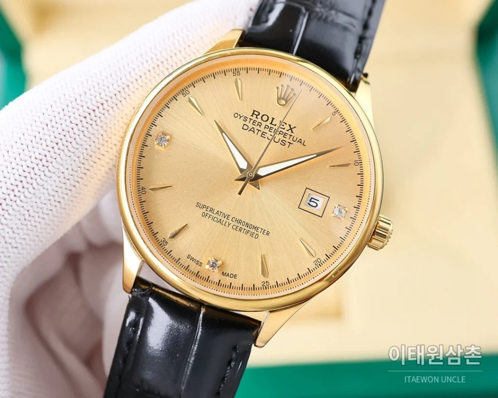 롤렉스 오토매틱 40mm 실버 다이얼 블랙 가죽 스트랩 골드 케이스