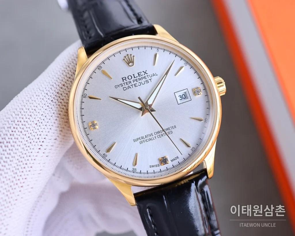 롤렉스 오토매틱 40mm 샴페인 다이얼 블랙 가죽 스트랩 골드 베젤
