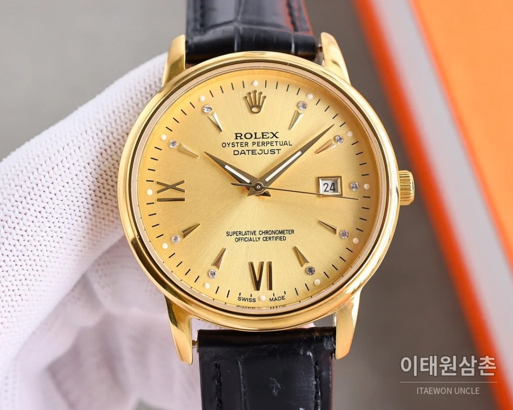롤렉스 오토매틱 40mm 화이트 다이얼 블랙 가죽 스트랩 골드 베젤
