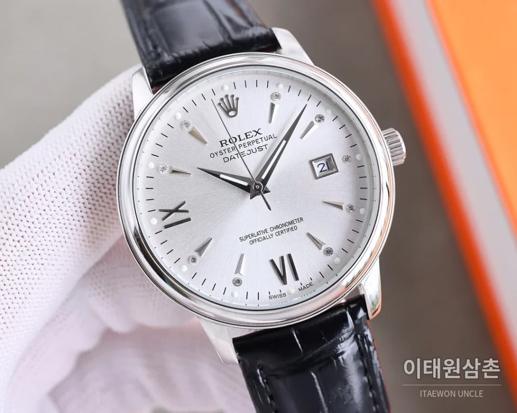 롤렉스 오토매틱 40mm 실버 다이얼 브라운 가죽 스트랩 골드 베젤