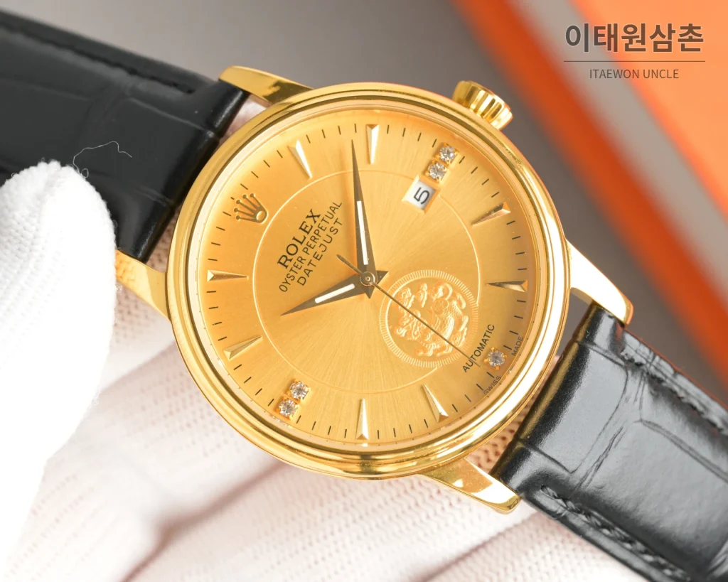 롤렉스 오토매틱 40mm 골드 다이얼 블랙 가죽 스트랩 골드 케이스 (2)