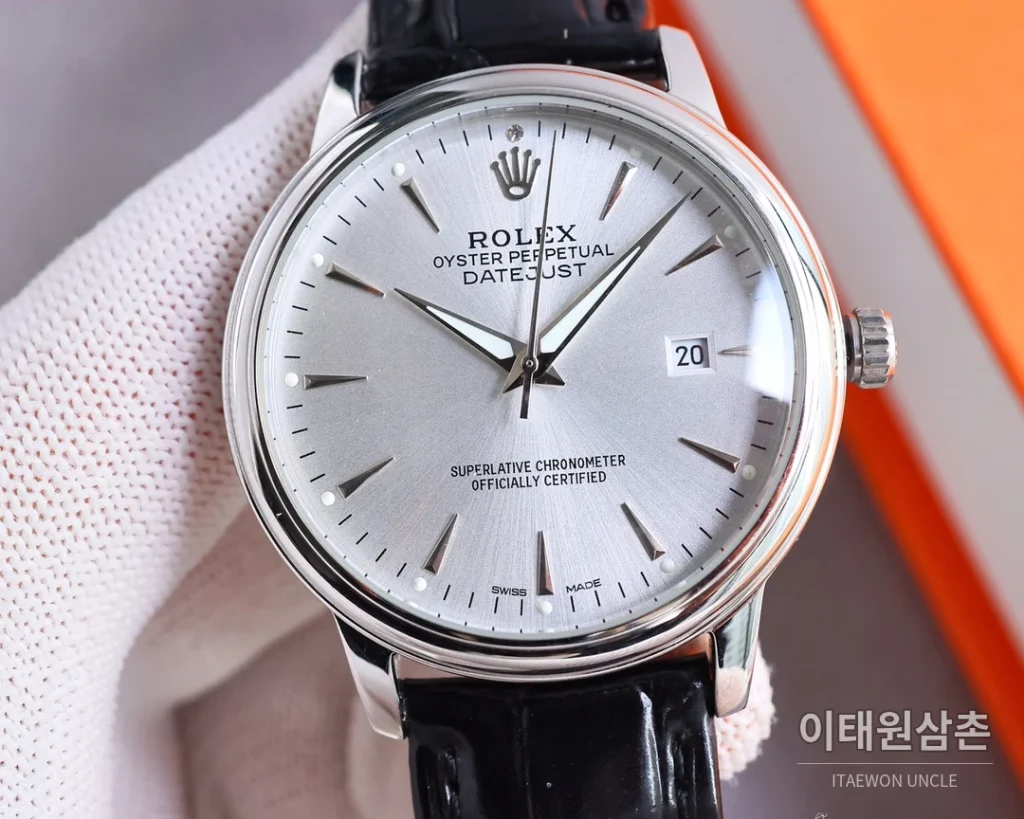롤렉스 오토매틱 40mm 실버 다이얼 브라운 가죽 스트랩 로즈골드 베젤