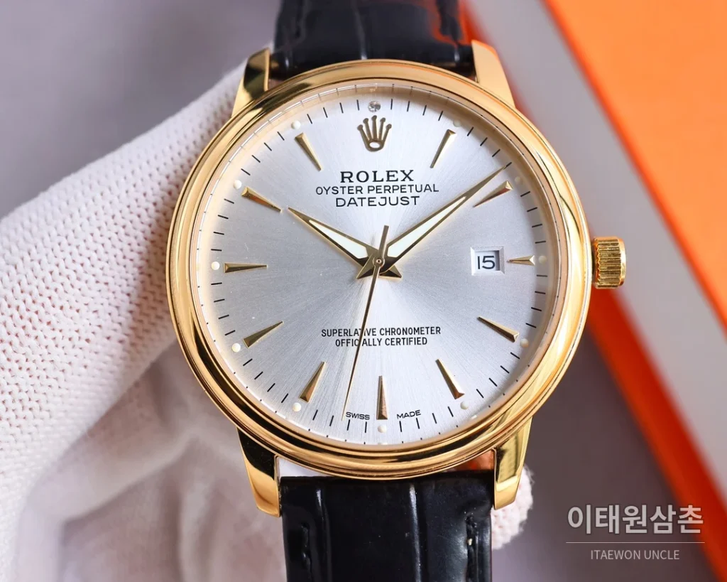 롤렉스 오토매틱 40mm 골드 다이얼 블랙 가죽 스트랩 골드 케이스