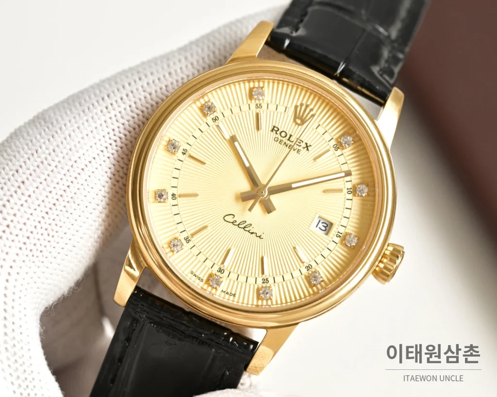 롤렉스 오토매틱 40mm 화이트 다이얼 블랙 가죽 스트랩 골드 베젤 (2)