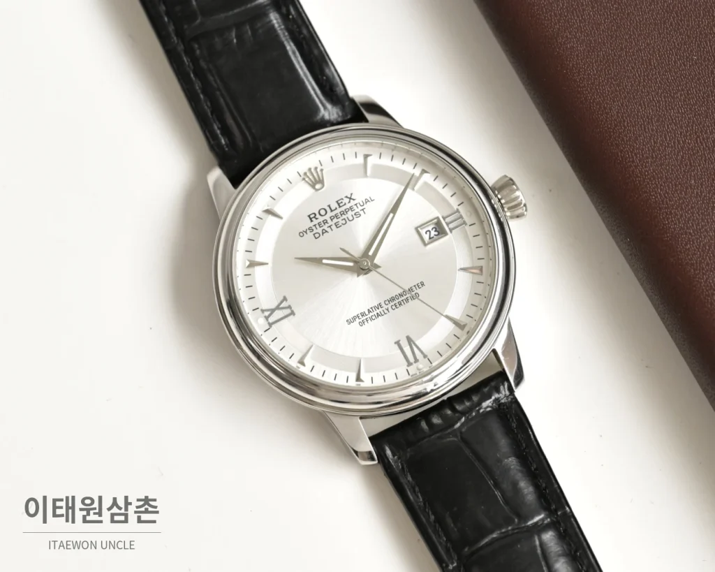롤렉스 오토매틱 40mm 실버 다이얼 블랙 가죽 스트랩 (2)
