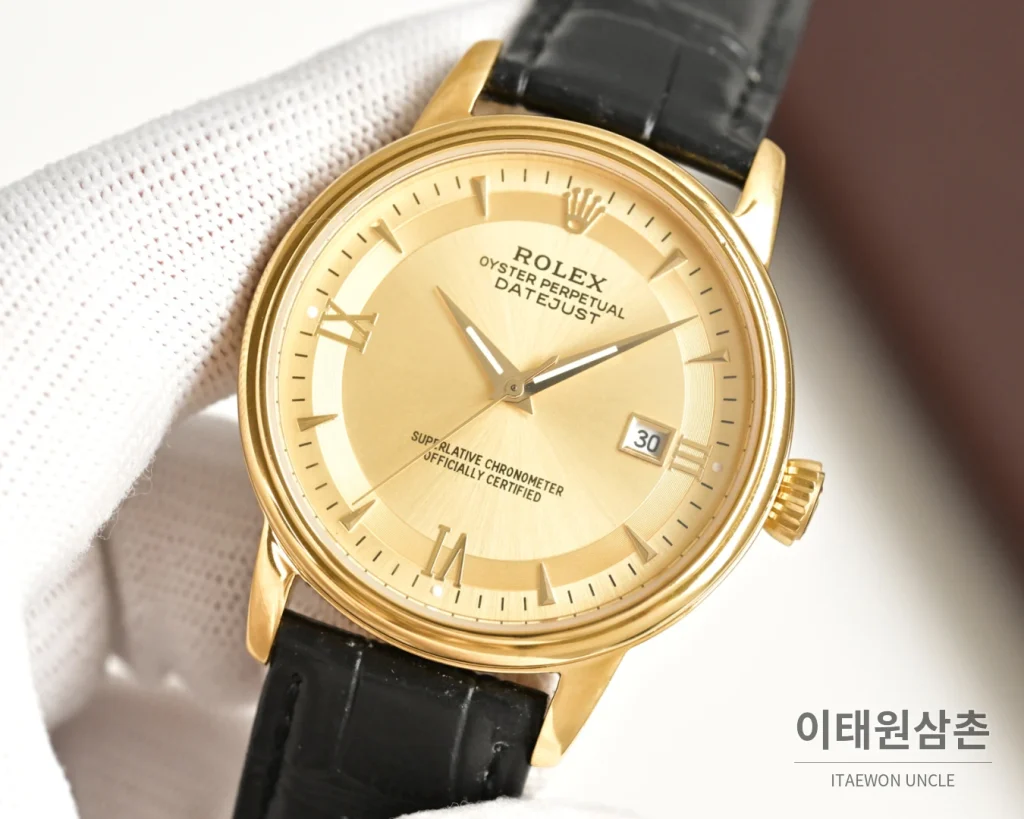 롤렉스 오토매틱 40mm 실버 다이얼 블랙 가죽 스트랩 골드 베젤 (2)