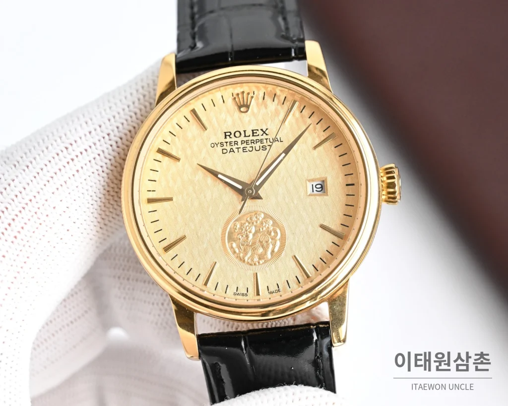 롤렉스 오토매틱 40mm 화이트 다이얼 블랙 가죽 스트랩 골드 베젤 (3)