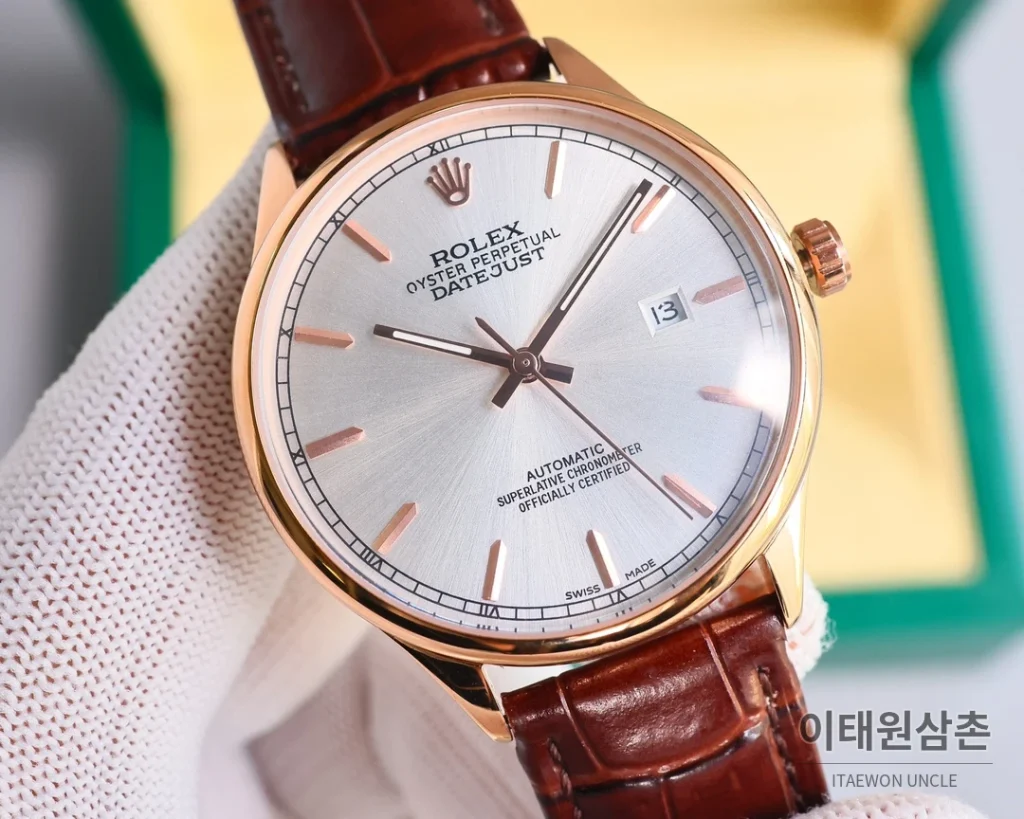 롤렉스 오토매틱 40mm 실버 다이얼 블랙 가죽 스트랩 (4)