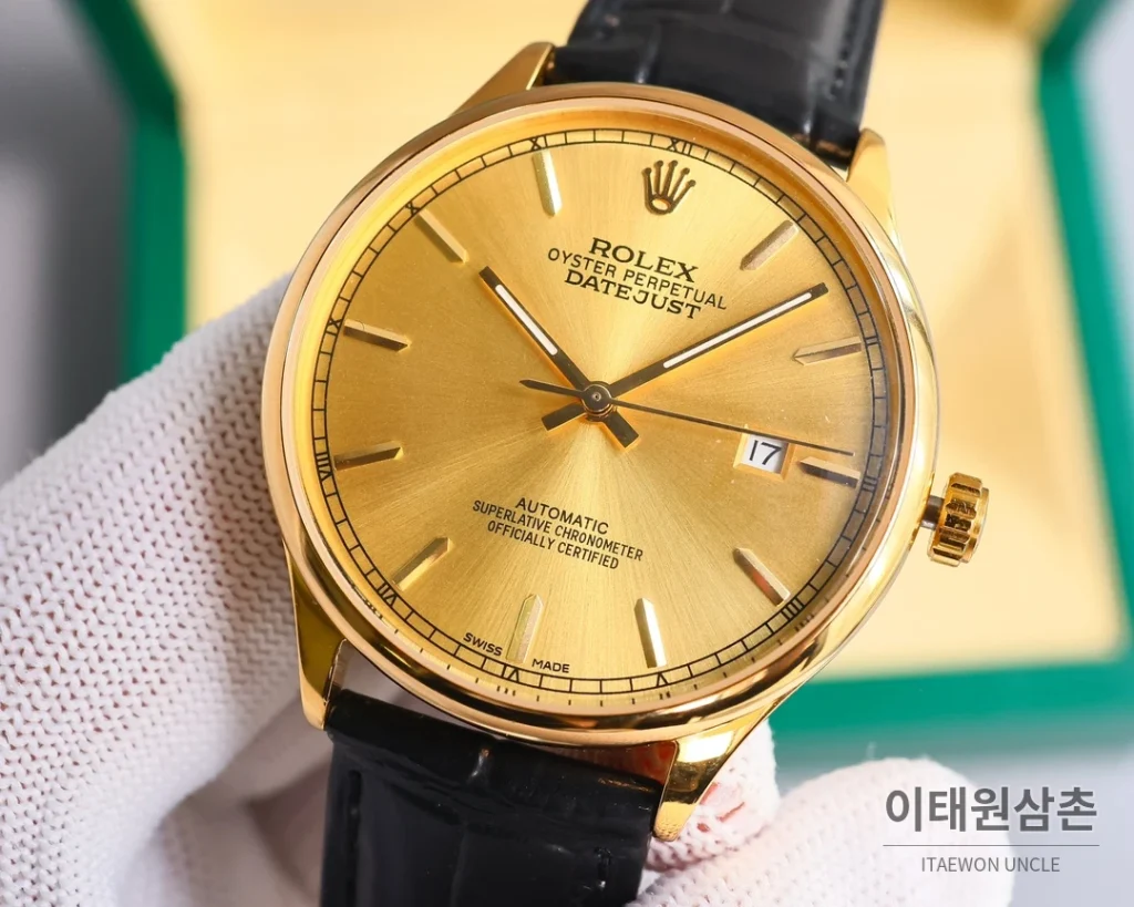 롤렉스 오토매틱 40mm 실버 다이얼 블랙 가죽 스트랩 골드 베젤 (3)