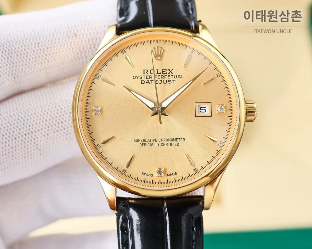 롤렉스 오토매틱 40mm 실버 다이얼 블랙 가죽 스트랩 골드 케이스