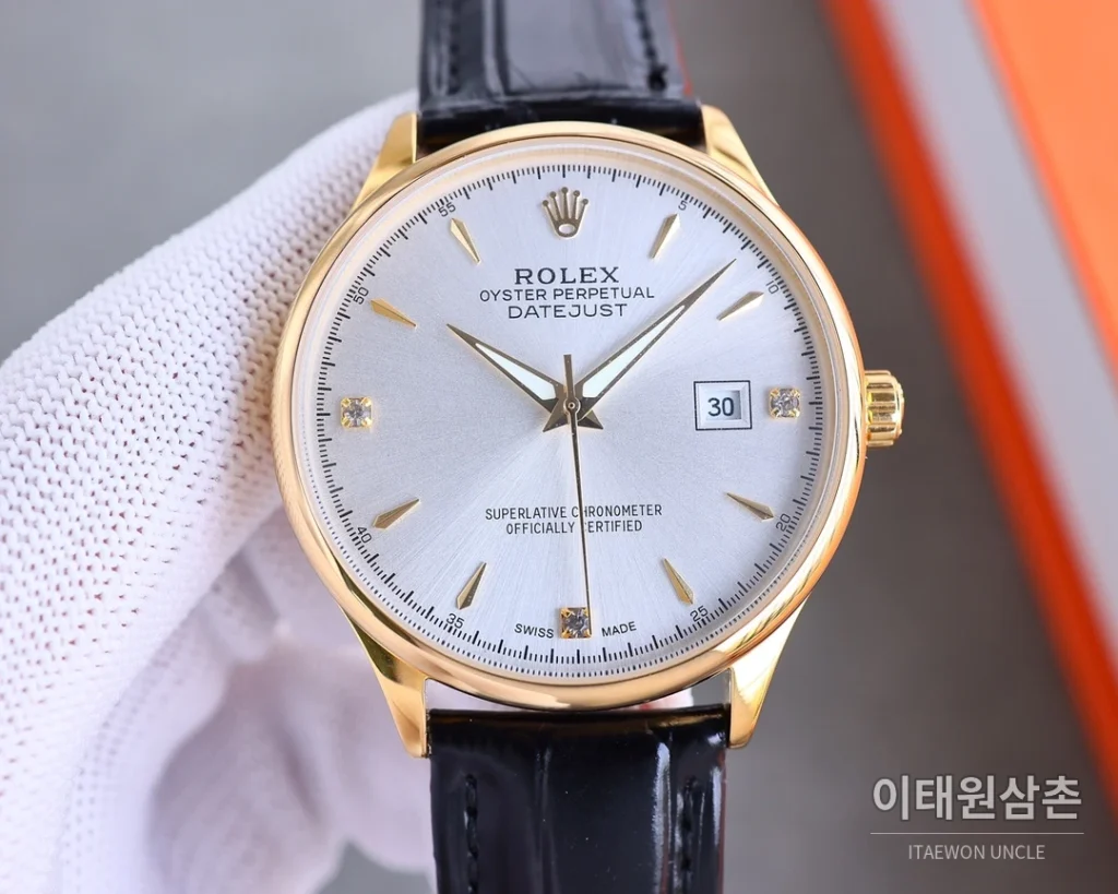 롤렉스 오토매틱 40mm 샴페인 다이얼 블랙 가죽 스트랩 골드 베젤