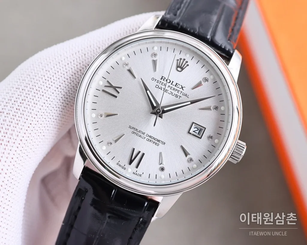 롤렉스 오토매틱 40mm 실버 다이얼 브라운 가죽 스트랩 골드 베젤