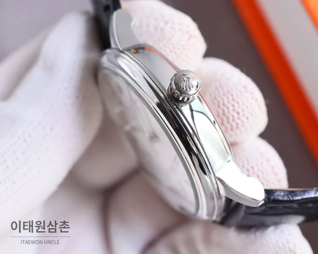 롤렉스 오토매틱 40mm 실버 다이얼 브라운 가죽 스트랩 로즈골드 베젤