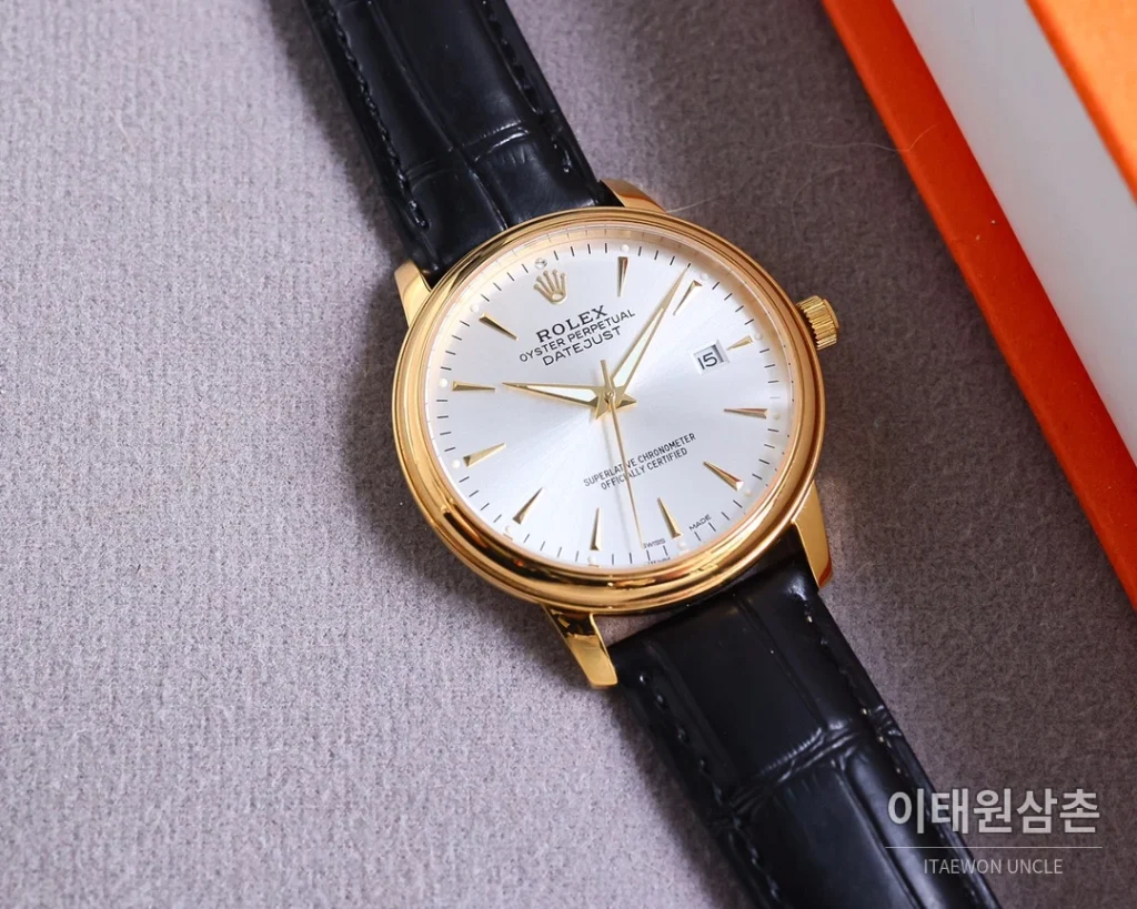 롤렉스 오토매틱 40mm 골드 다이얼 블랙 가죽 스트랩 골드 케이스