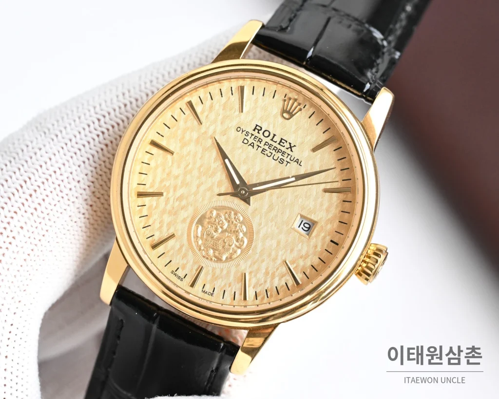 롤렉스 오토매틱 40mm 화이트 다이얼 블랙 가죽 스트랩 골드 베젤 (3)
