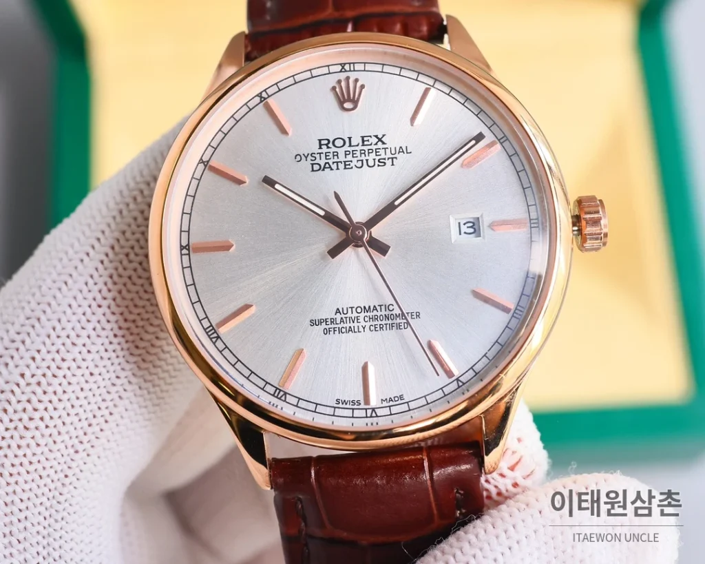 롤렉스 오토매틱 40mm 실버 다이얼 블랙 가죽 스트랩 (4)