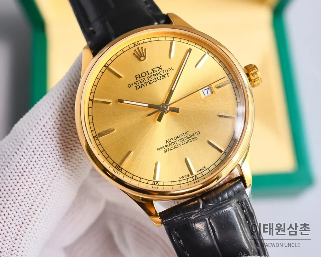 롤렉스 오토매틱 40mm 실버 다이얼 블랙 가죽 스트랩 골드 베젤 (3)