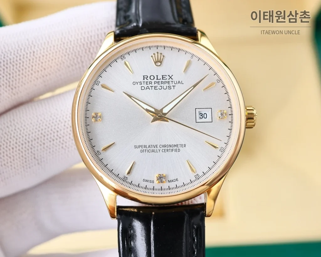 롤렉스 오토매틱 40mm 실버 다이얼 블랙 가죽 스트랩 골드 케이스