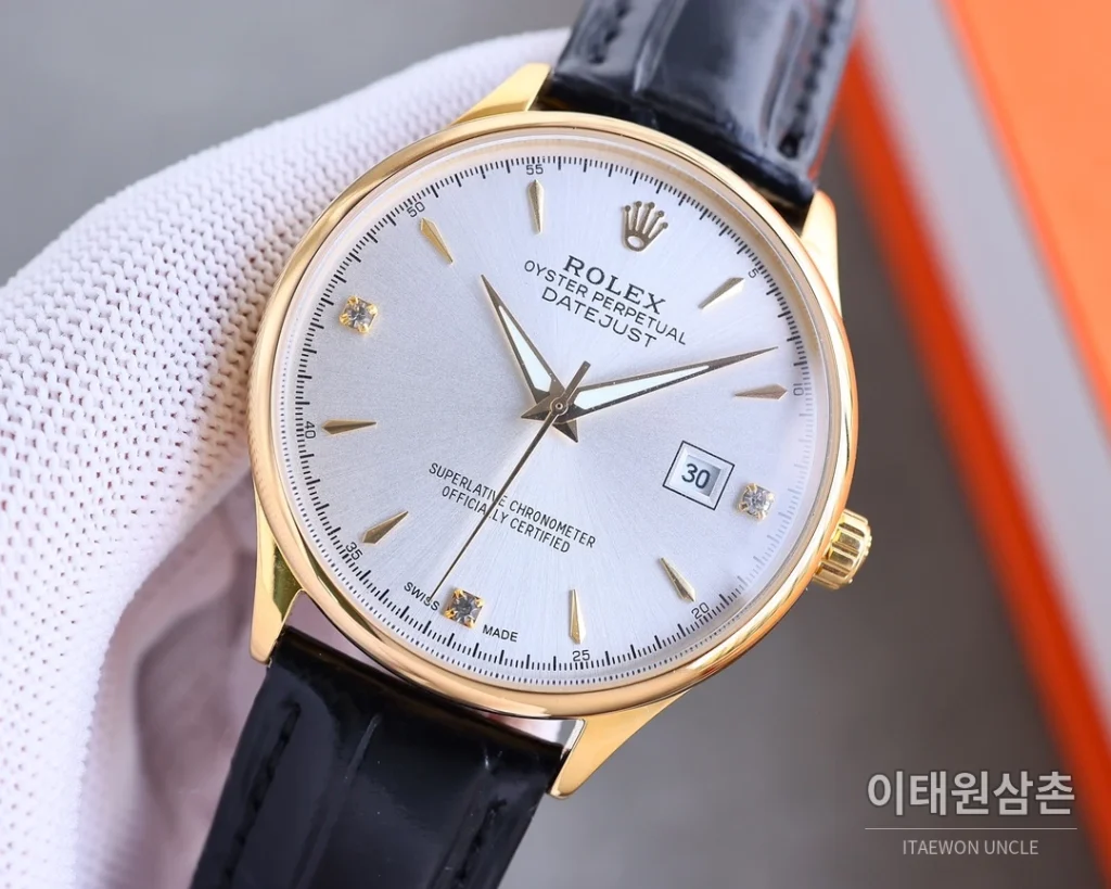 롤렉스 오토매틱 40mm 샴페인 다이얼 블랙 가죽 스트랩 골드 베젤