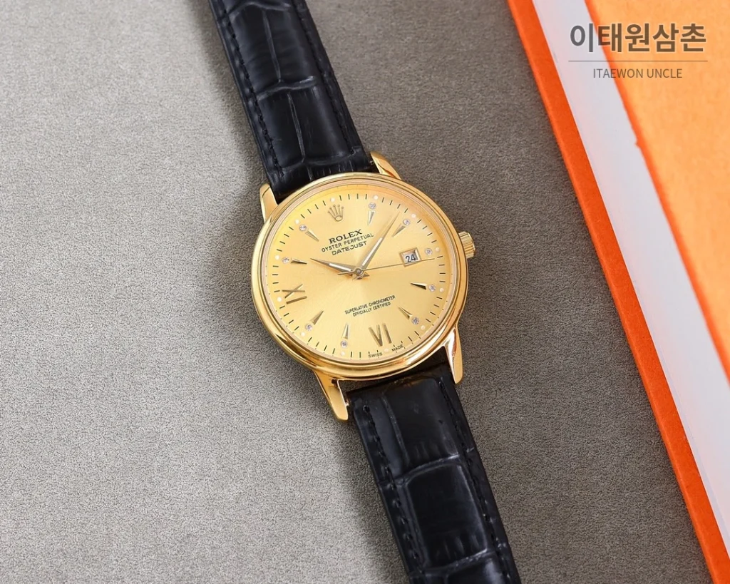 롤렉스 오토매틱 40mm 화이트 다이얼 블랙 가죽 스트랩 골드 베젤