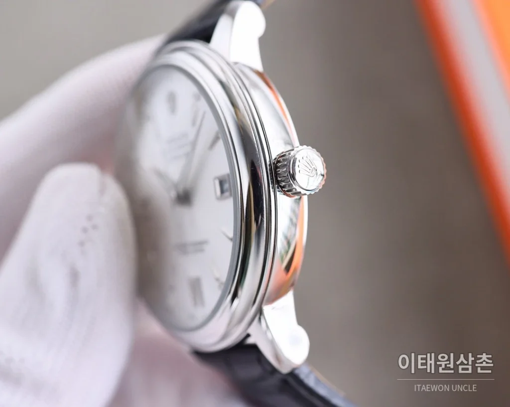 롤렉스 오토매틱 40mm 실버 다이얼 브라운 가죽 스트랩 골드 베젤