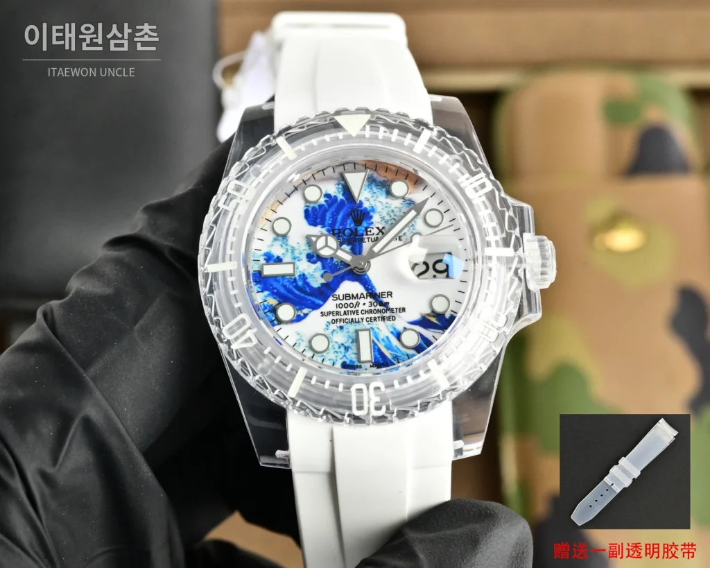 롤렉스 오토매틱 40mm 그린 다이얼 화이트 러버 스트랩