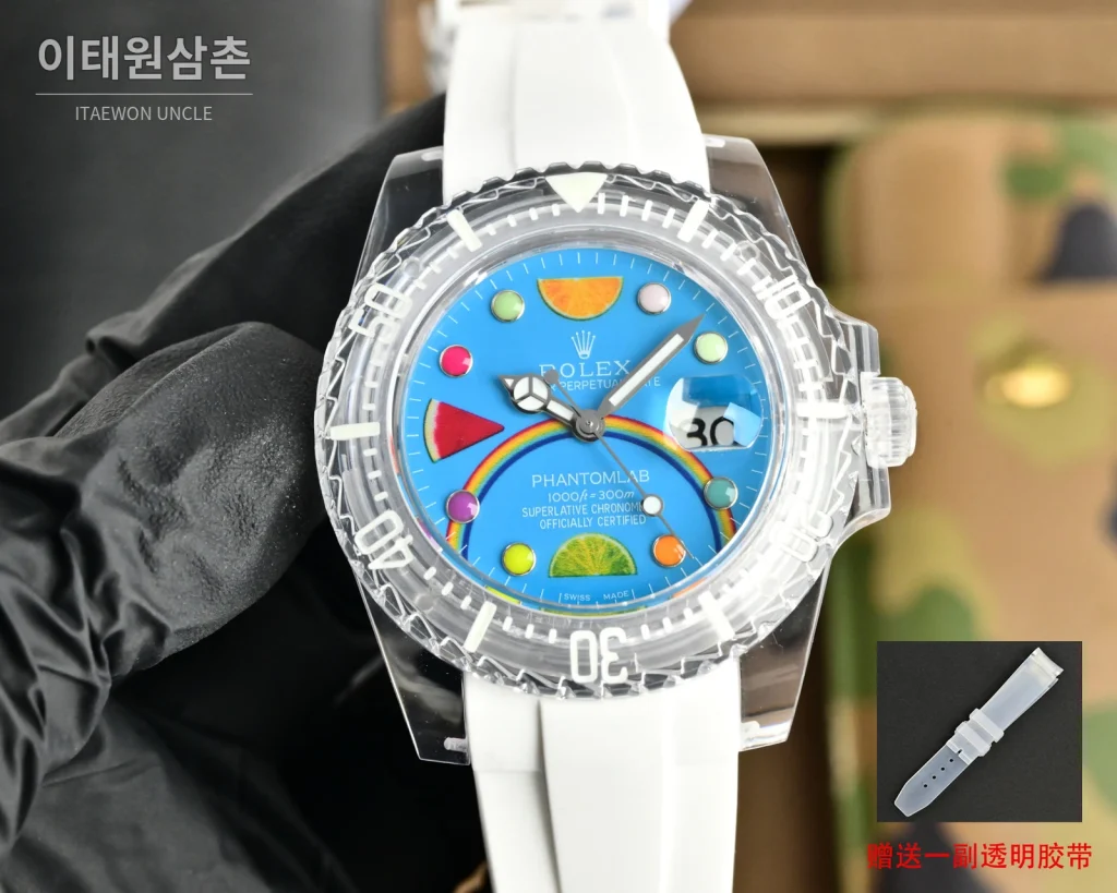 롤렉스 오토매틱 40mm 멀티컬러 다이얼 화이트 러버 스트랩