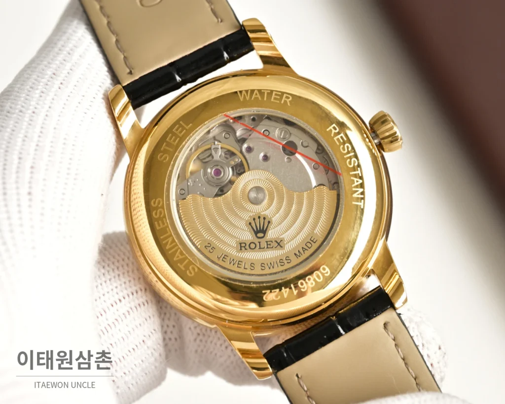 롤렉스 오토매틱 40mm 화이트 다이얼 블랙 가죽 스트랩 골드 베젤 (2)