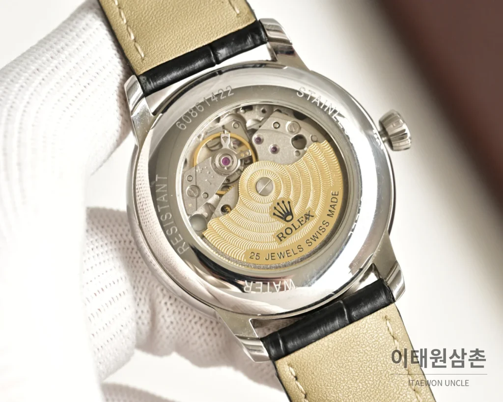 롤렉스 오토매틱 40mm 실버 다이얼 블랙 가죽 스트랩 (2)