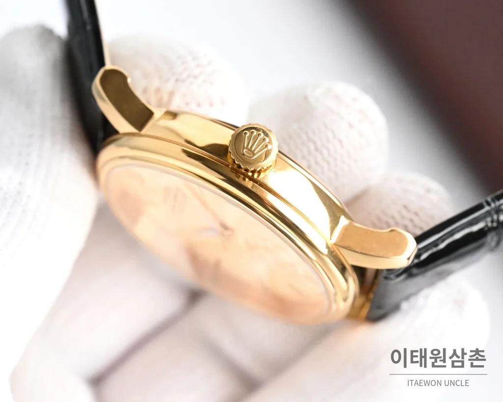 롤렉스 오토매틱 40mm 화이트 다이얼 블랙 가죽 스트랩 골드 베젤 (3)