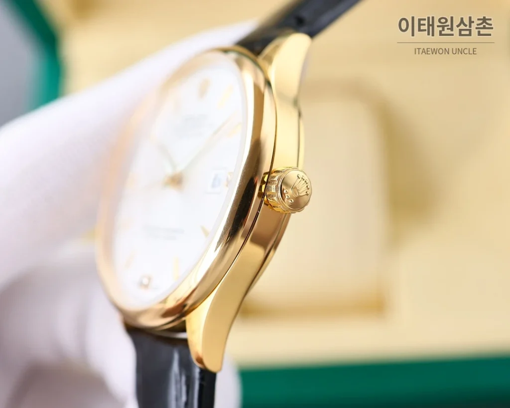 롤렉스 오토매틱 40mm 실버 다이얼 블랙 가죽 스트랩 골드 케이스