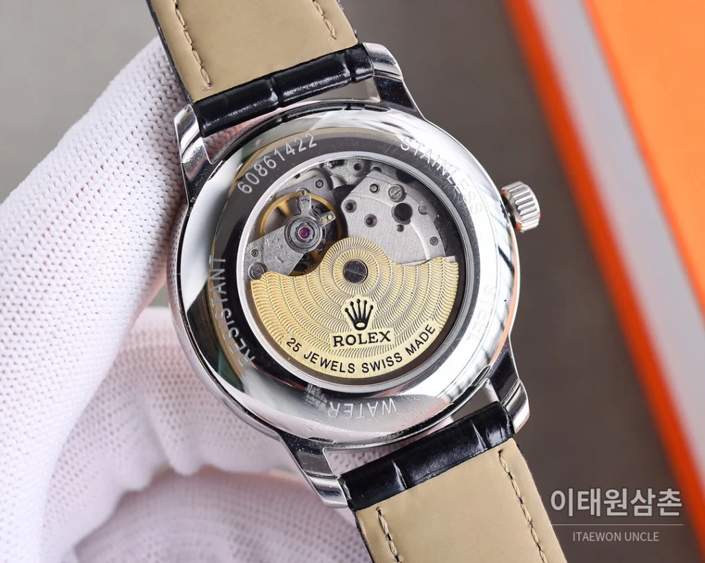 롤렉스 오토매틱 40mm 실버 다이얼 브라운 가죽 스트랩 골드 베젤