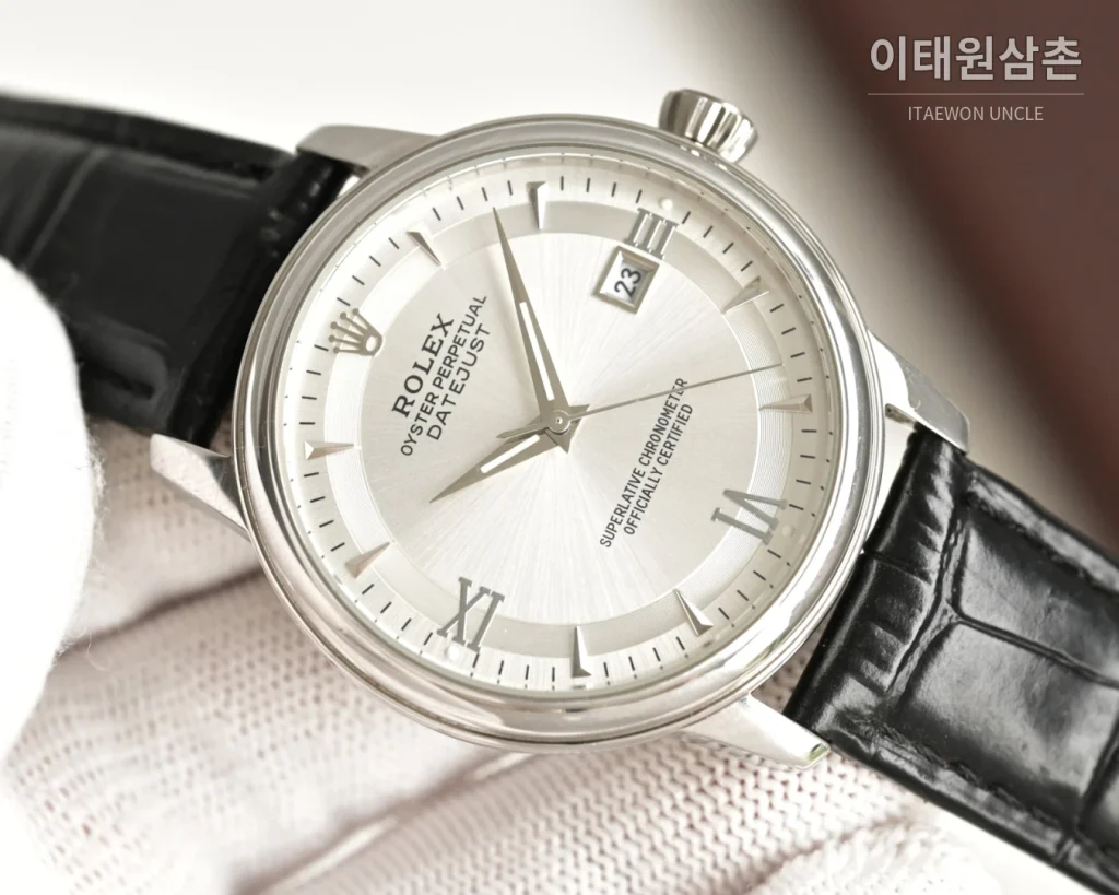 롤렉스 오토매틱 40mm 실버 다이얼 블랙 가죽 스트랩 (2)