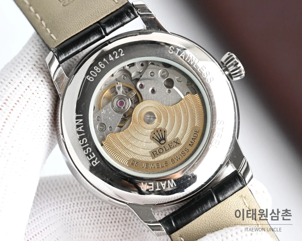 롤렉스 오토매틱 40mm 실버 다이얼 블랙 가죽 스트랩 (3)