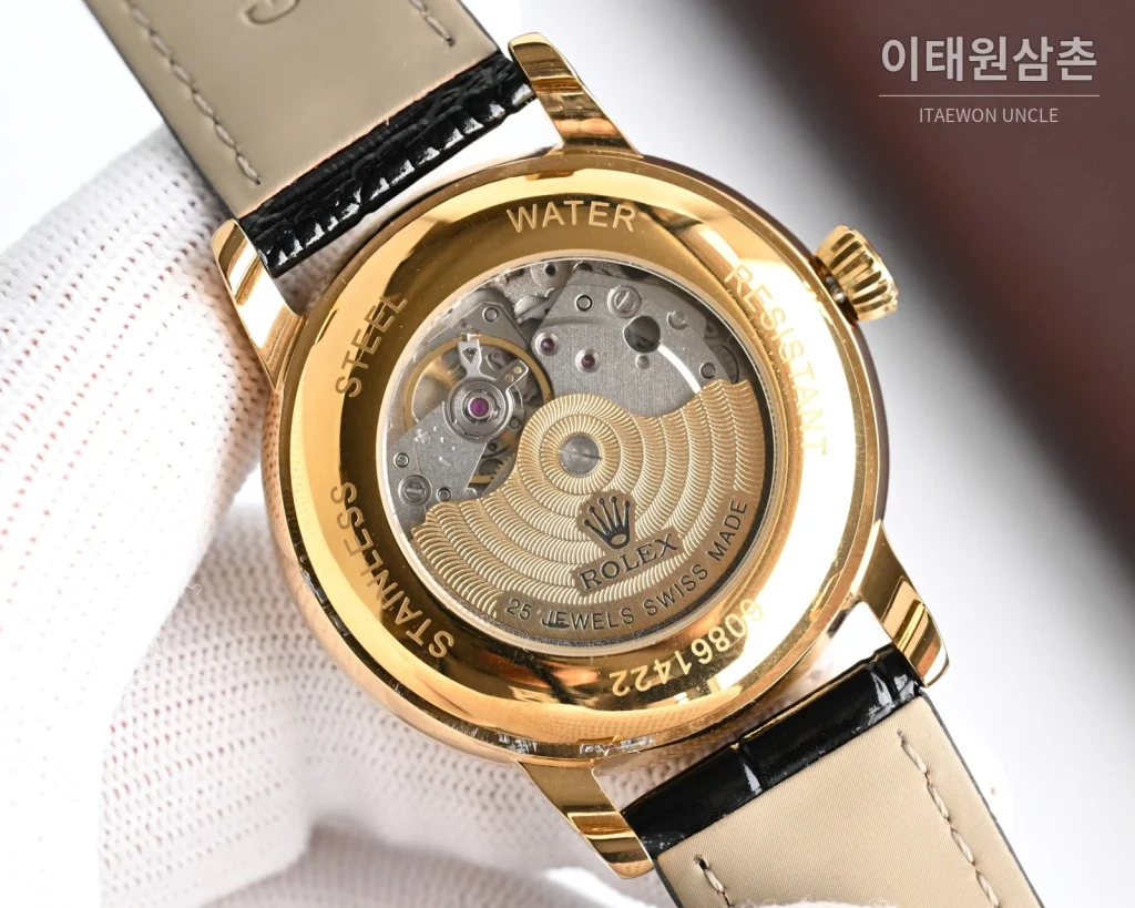 롤렉스 오토매틱 40mm 화이트 다이얼 블랙 가죽 스트랩 골드 베젤 (3)