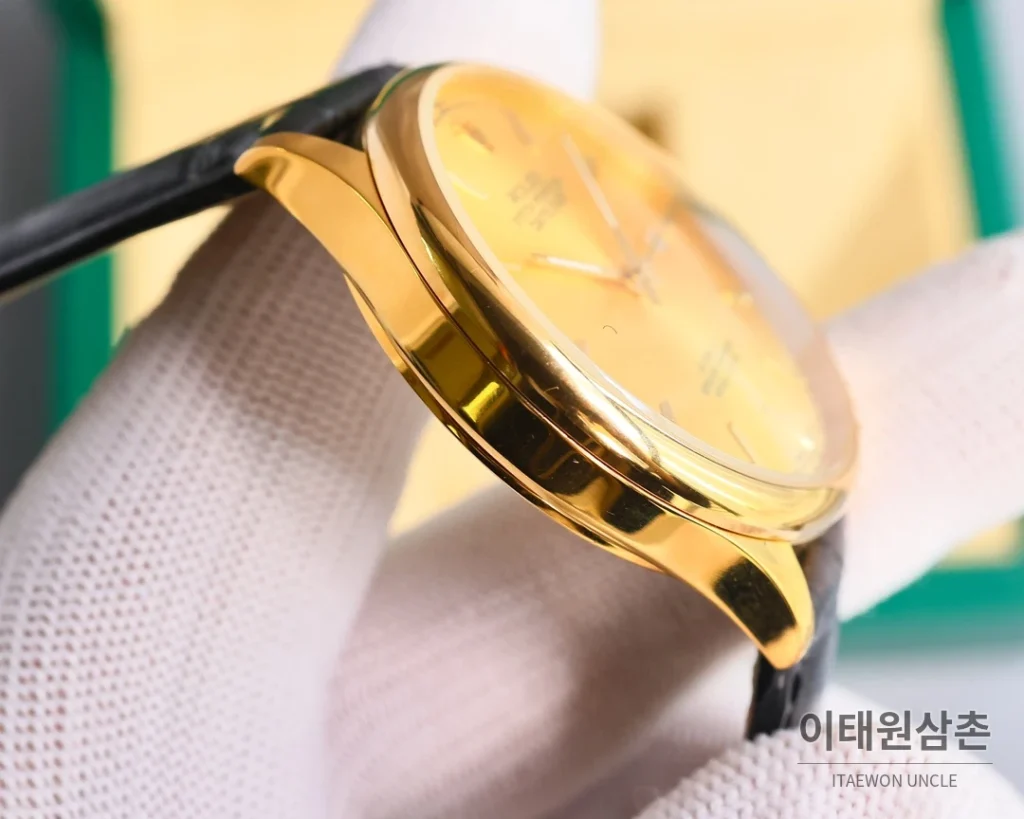 롤렉스 오토매틱 40mm 실버 다이얼 블랙 가죽 스트랩 골드 베젤 (3)