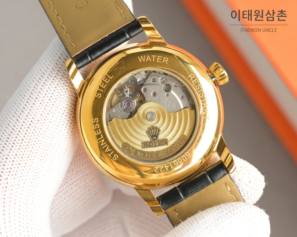 롤렉스 오토매틱 40mm 골드 다이얼 블랙 가죽 스트랩 골드 케이스 (2)