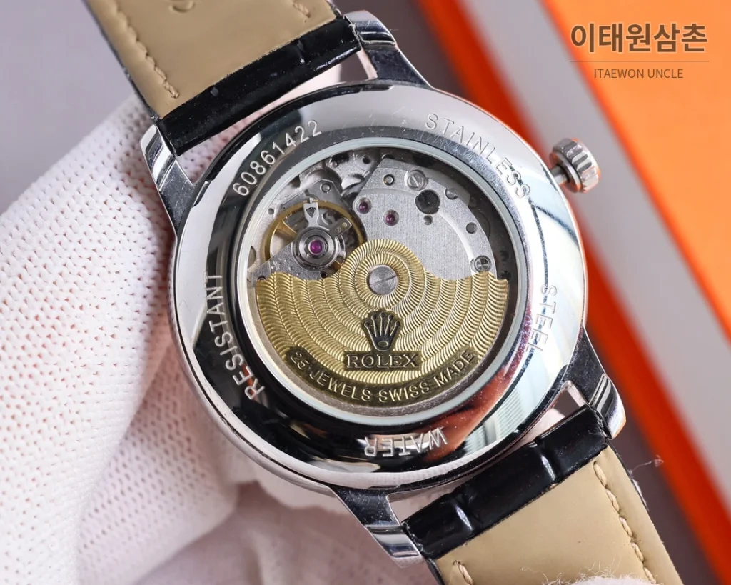롤렉스 오토매틱 40mm 실버 다이얼 브라운 가죽 스트랩 로즈골드 베젤