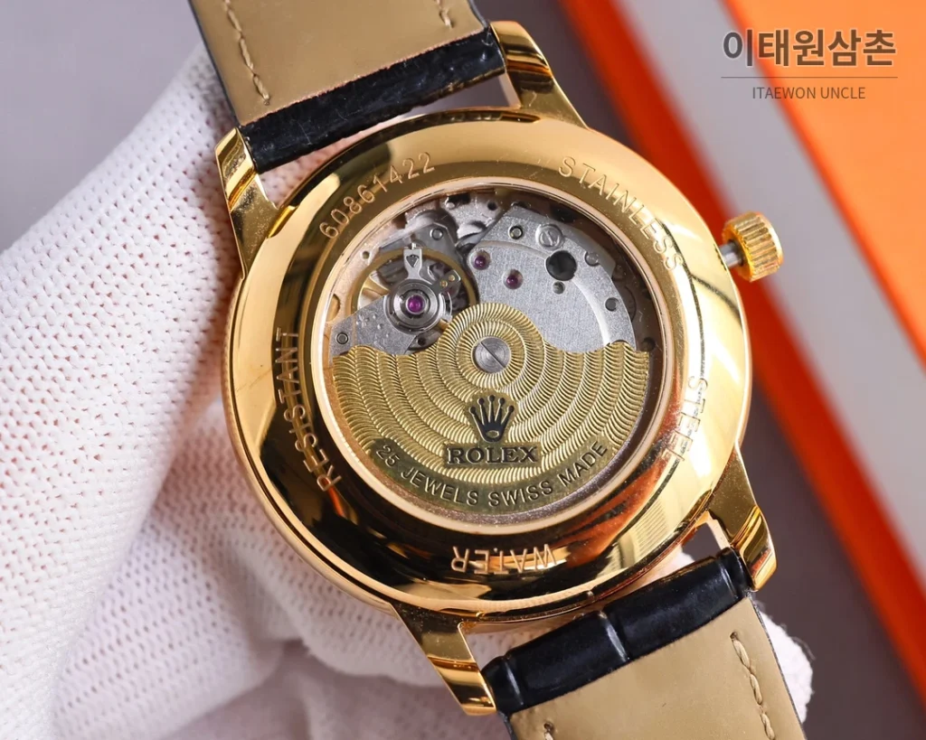 롤렉스 오토매틱 40mm 골드 다이얼 블랙 가죽 스트랩 골드 케이스