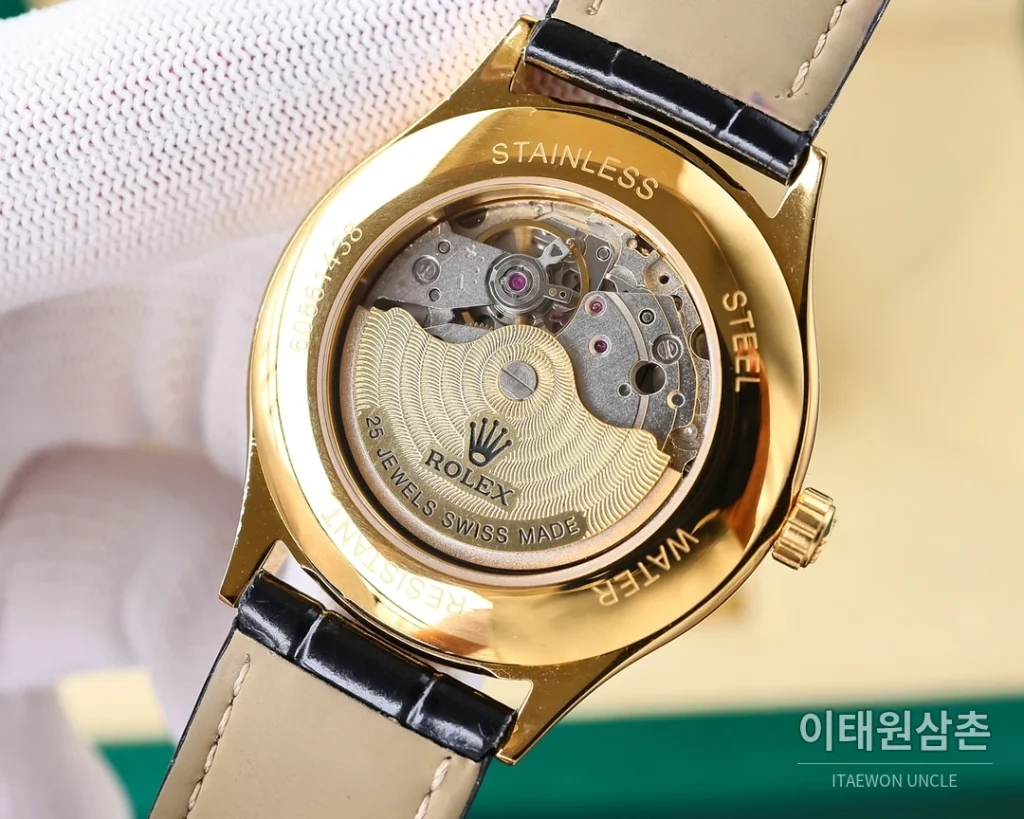 롤렉스 오토매틱 40mm 실버 다이얼 블랙 가죽 스트랩 골드 케이스