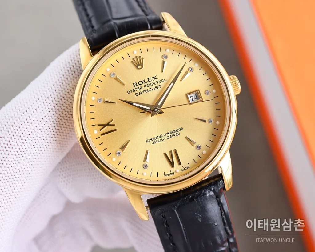 롤렉스 오토매틱 40mm 화이트 다이얼 블랙 가죽 스트랩 골드 베젤