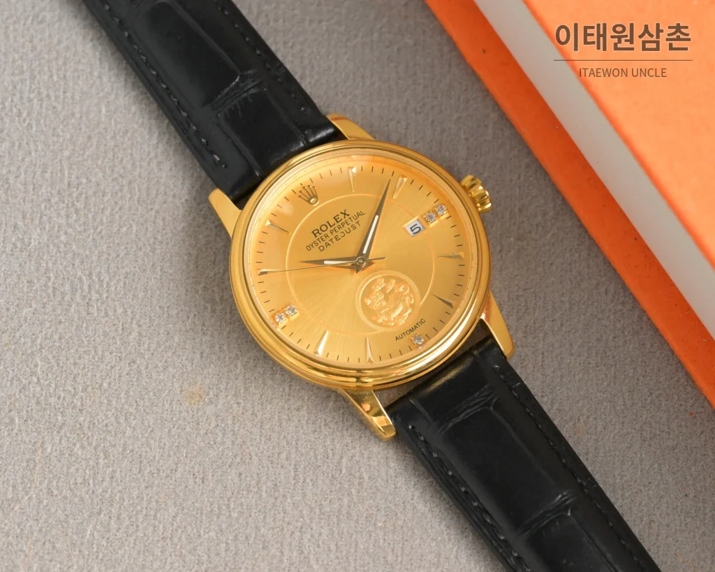 롤렉스 오토매틱 40mm 골드 다이얼 블랙 가죽 스트랩 골드 케이스 (2)
