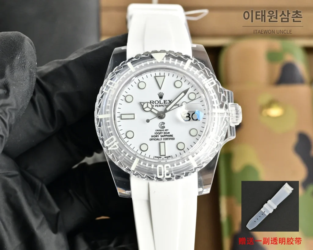 롤렉스 오토매틱 40mm 그린 다이얼 화이트 러버 스트랩 (2)
