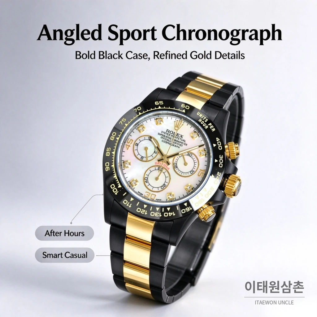 롤렉스 블라켄 데이토나 펄화이트 크리스털인덱스 블랙골드 크로노그래프 40mm
